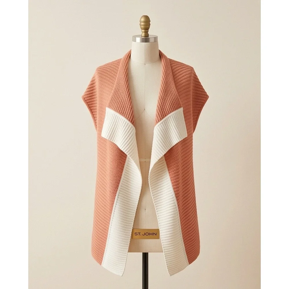 St John L Peach Pink Silk Blend Ribbed Knit Open Front Cardigan Vest Large